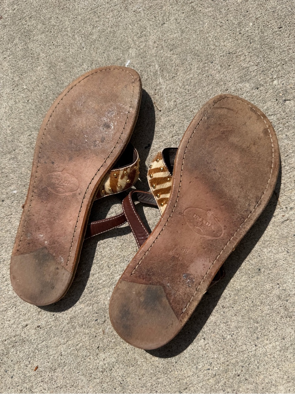 Prada Brown Pony Hair Zebra Print Leather Studded Crisscross Sandals - Picture 5 of 5